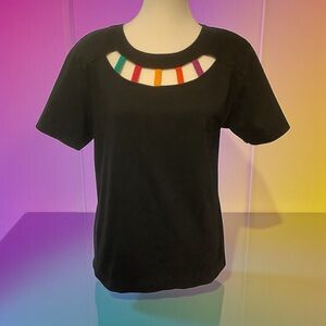 AILEEN VINTAGE 80’S BLACK TEE SHIRT WITH COLOURFUL CUT OUT NECKLINE/ Size S